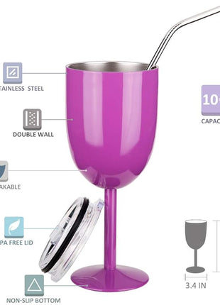 AMZUShome Stainless Steel Wine Glasses Cups.Double Walled Vacuum Insulated Wine Tumbler With Lid and Straw.Friendship,Christmas,Birthday Gifts for Women Men Friends Dad Mom(10oz Purple)