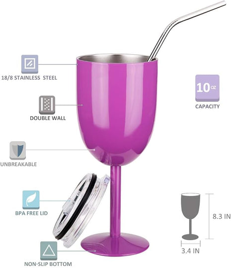 AMZUShome Stainless Steel Wine Glasses Cups.Double Walled Vacuum Insulated Wine Tumbler With Lid and Straw.Friendship,Christmas,Birthday Gifts for Women Men Friends Dad Mom(10oz Purple)