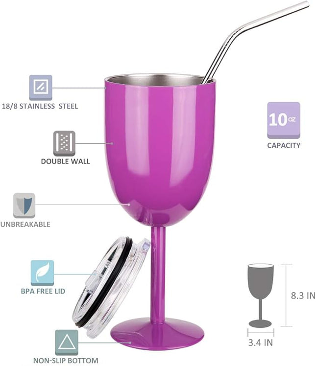 AMZUShome Stainless Steel Wine Glasses Cups.Double Walled Vacuum Insulated Wine Tumbler With Lid and Straw.Friendship,Christmas,Birthday Gifts for Women Men Friends Dad Mom(10oz Purple)