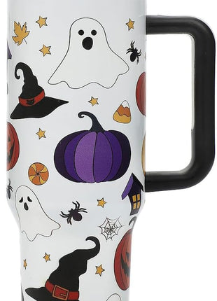 Bioworld Halloween Scary Icons 40 Oz Vacuum Insulated White Stainless Steel Tumbler with Handle & Leak-Proof Lid, Double-Wall Design for Hot or Cold Drinks