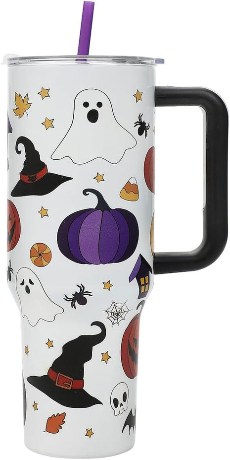 Bioworld Halloween Scary Icons 40 Oz Vacuum Insulated White Stainless Steel Tumbler with Handle & Leak-Proof Lid, Double-Wall Design for Hot or Cold Drinks