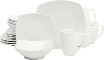 Gibson Home Zen Buffet Porcelain Chip and Scratch Resistant Dinnerware Plates, Bowls, and Mugs Set, Service for 4 (16pcs), White (Square Dishes)