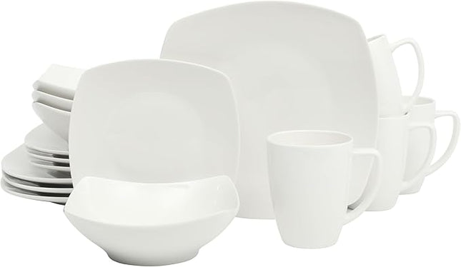 Gibson Home Zen Buffet Porcelain Chip and Scratch Resistant Dinnerware Plates, Bowls, and Mugs Set, Service for 4 (16pcs), White (Square Dishes)