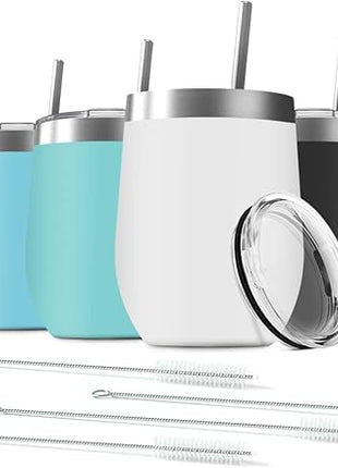 8 Pack 12 oz Stainless Steel Wine Tumbler with Lids, Double Wall Vacuum Insulated Travel Cup Including 8 Straws Set for Coffee, Cocktail, Drink, Tea and Beer (Assorted Colors)