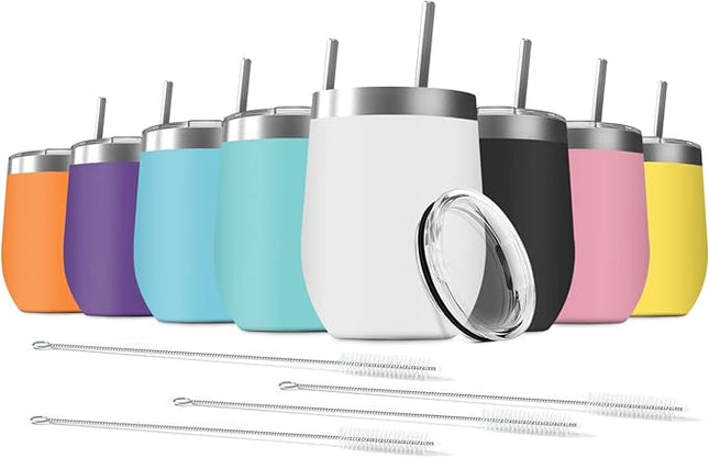 8 Pack 12 oz Stainless Steel Wine Tumbler with Lids, Double Wall Vacuum Insulated Travel Cup Including 8 Straws Set for Coffee, Cocktail, Drink, Tea and Beer (Assorted Colors)