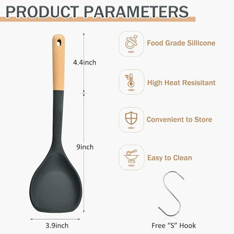 Wok Spatula, Silicone Wok Spatula Turner with Heat Resistant Wooden Handle, Kitchen Utensil Cooking Shovel Scoop Ladle for Scooping, Flipping, Stirring, Durable BPA-free Nonstick Cooking, 13.2Inch