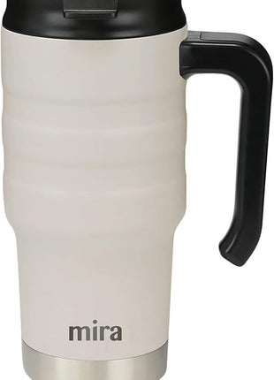 MIRA 20 oz Insulated Travel Mug - Stainless Steel Coffee Cup with Spill-Proof Flip Lid & Handle - Hot/Cold Car Tumbler - Sand