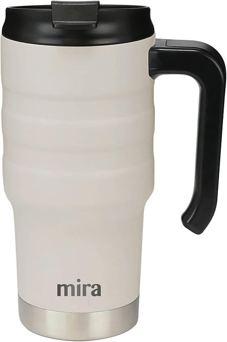 MIRA 20 oz Insulated Travel Mug - Stainless Steel Coffee Cup with Spill-Proof Flip Lid & Handle - Hot/Cold Car Tumbler - Sand
