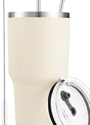 D·S 30oz Cream Tumbler Stainless Steel Insulated Travel Mug with Straw Lid Cleaning Brush (30oz Cream)