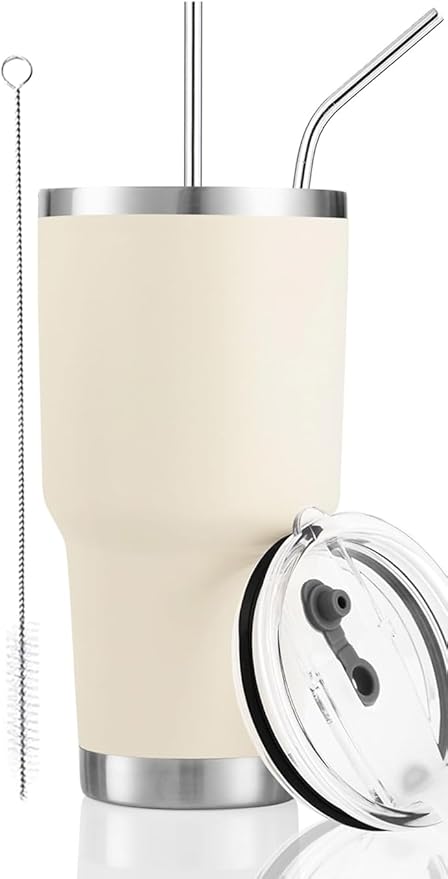 D·S 30oz Cream Tumbler Stainless Steel Insulated Travel Mug with Straw Lid Cleaning Brush (30oz Cream)