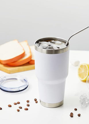 MEWAY 30oz Insulated Tumbler With Lids and Straws,Stainless Steel Double Vacuum Coffee Tumbler Cup, Brush, Durable Powder Coated Coffee Cup for Cold & Hot Drinks, Office, Travel(White,8 PACK)