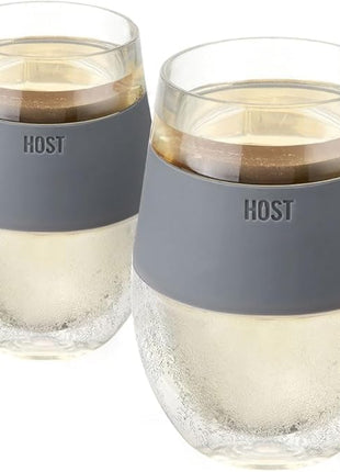 HOST 2962 Freeze Stemless Red & White Wine Tumbler Cups, Insulated Plastic Glass, Set of 2, 8.5 oz, Grey Silicone Bands