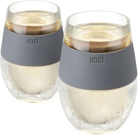 HOST 2962 Freeze Stemless Red & White Wine Tumbler Cups, Insulated Plastic Glass, Set of 2, 8.5 oz, Grey Silicone Bands