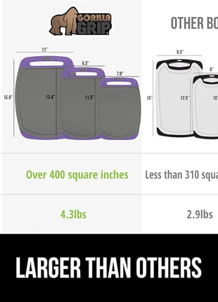 GORILLA GRIP BPA-Free Reversible Kitchen Cutting Board Set of 3, US Designed, Nonporous, Juice Grooves Catch Liquid, Slip Resistant Border, Dishwasher Safe, Durable Food Chopping Boards, Purple Gray