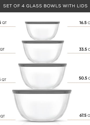 JoyJolt Kitchen Mixing Bowls - 8pc Glass with Lids Set – Neat Nesting Large Bowl Batter Cooking Storage and Big Salad BPA-Free Gray