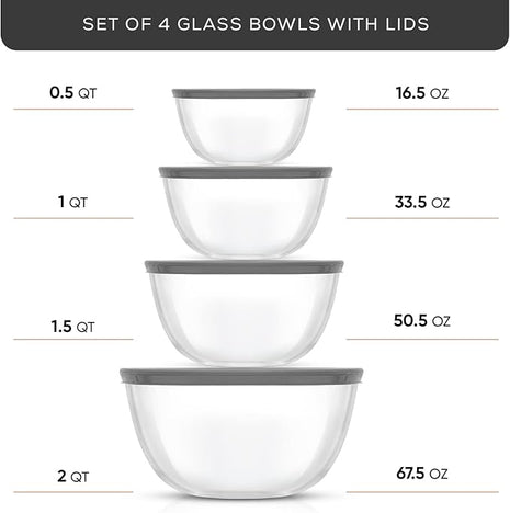 JoyJolt Kitchen Mixing Bowls - 8pc Glass with Lids Set – Neat Nesting Large Bowl Batter Cooking Storage and Big Salad BPA-Free Gray