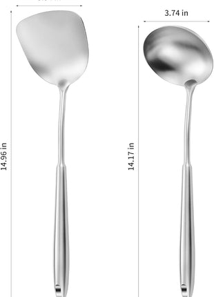 14-15" Wok Spatula and Ladle,2 PCS Wok Tools Set,304 Stainlss Steel Cooking Utensils,Matte Wok Accessories,Solid Wok Utensils