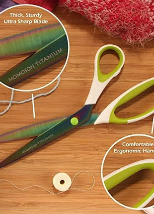 BambooMN Titanium Softgrip Scissors Set for Sewing, Arts, Crafts, Office - 30 Sets of 3 - White w/Green Inlays