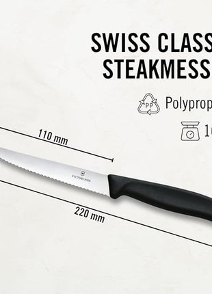 Victorinox 6.7233.6 Swiss Classic Steak Knife Set Ideal for Slicing a Wide Variety of Steak Cuts Serrated Blade in Black, Set of 6