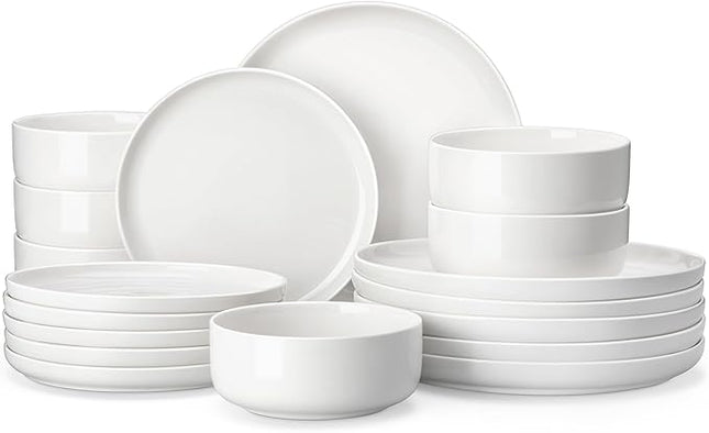 MALACASA Plates and Bowls Sets, 18 Pieces Porcelain Dinnerware Sets Dishware Sets Chip Resistant Ceramic Dish Set Dining Dinner Ware Service for 6, White, Series LUNA