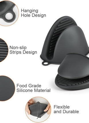 AUAUY 1 Pair Mini Silicone Oven Mitts, Heat Resistant Pot Holders Mitts, Cute Oven Pinch Grip Gloves, Small Potholders for Kitchen, Air Fryer Mitts Pair for Cooking, Baking and Grilling (Grey)