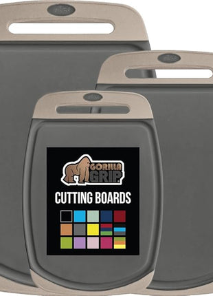 GORILLA GRIP BPA-Free Reversible Kitchen Cutting Board Set of 3, US Designed, Nonporous, Juice Grooves Catch Liquid, Slip Resistant Border, Dishwasher Safe, Durable Food Chopping Boards, Almond Gray