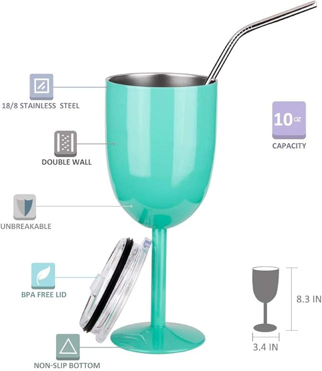 AMZUShome Stainless Steel Wine Glasses Cups.Double Walled Vacuum Insulated Wine Tumbler With Lid and Straw.Friendship,Christmas,Birthday Gifts for Women Men Friends Dad Mom(10oz Mint Green)