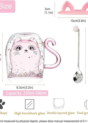 Gifts for Women Cat Gifts Double Walled Glass Coffee Latte Cup Cute Stuff Cat Mug Gifts for Her Christmas Stocking Fillers,Birthday,Valentines,Halloween Presents for Women,Kid,Mum,Teacher