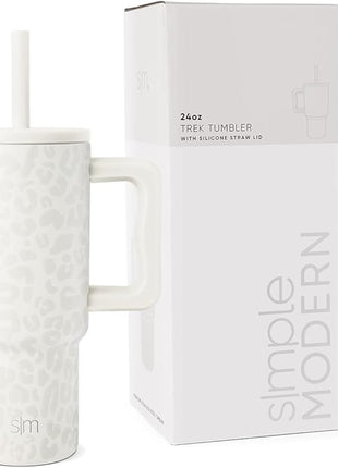 Simple Modern Kids 24 oz Tumbler with Handle and Silicone Straw Lid | Spill Proof and Leak Resistant | Reusable Stainless Steel Bottle | Gift for Kids Boys Girls | Trek Collection | Cream Leopard