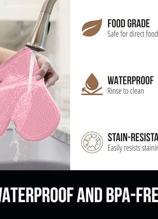 GORILLA GRIP BPA-Free Soft Silicone Oven Mitts and Pot Holders Sets of 4, Heat Resistant Waterproof Cooking Gloves, Thick Cotton Lining, Flexible Gripping for Baking Grilling, Kitchen Trivets, Pink