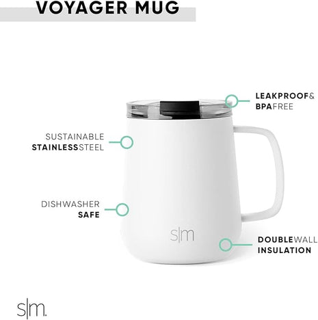 Simple Modern Travel Coffee Mug with Lid and Handle | Reusable Insulated Stainless Steel Coffee Tumbler Tea Cup | Gifts for Women Men Him Her | Voyager Collection | 12oz | Winter White