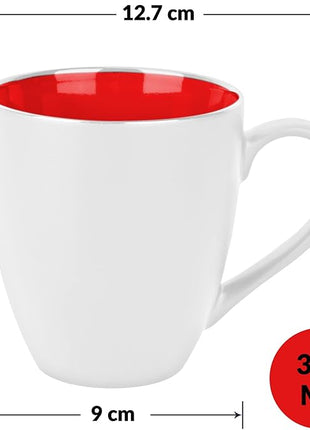 MIAMIO - Set of 6 Stoneware Coffee Mugs 12 Ounce/Cup Set - Le Papillon Collection (White-Red)