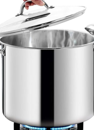 HOMICHEF Commercial Grade LARGE STOCK POT 20 Quart With Lid - Nickel Free Stainless Steel Cookware - Healthy Polished Stockpots - Heavy Duty Induction Soup Pot