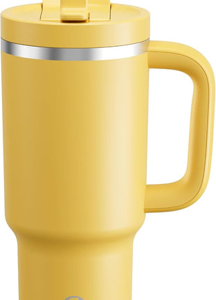 32 oz Tumbler with Handle and Straw: Stainless Steel Insulated Tumbler Keeps Cold for 24 Hours, Leakproof Travel Cup Fits in Cup Holder and BPA-Free, Elfin Yellow