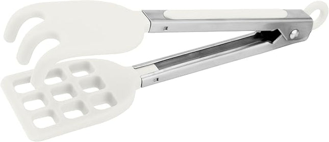 Tovolo Waffle Tongs Mini Silicone Kitchen Tongs for Cooking Serving Flat Stainless Steel Small Tongs with Silicone Tips for Salads Belgian Waffles Air Fryer Appetizers Dishwasher Safe White