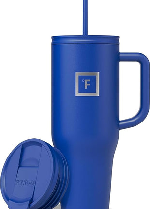 IRON °FLASK Co-Pilot Insulated Mug w/Straw & Flip Cap Lids - Cup Holder Bottle for Hot, Cold Drink - Leak-Proof - Water, Coffee Portable Travel Mug - Cobalt Blue, 40 Oz