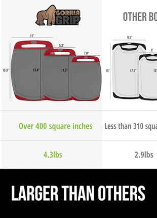 GORILLA GRIP BPA-Free Reversible Kitchen Cutting Board Set of 3, US Designed, Nonporous, Juice Grooves Catch Liquid, Slip Resistant Border, Dishwasher Safe, Durable Large Food Chopping Boards Red Gray