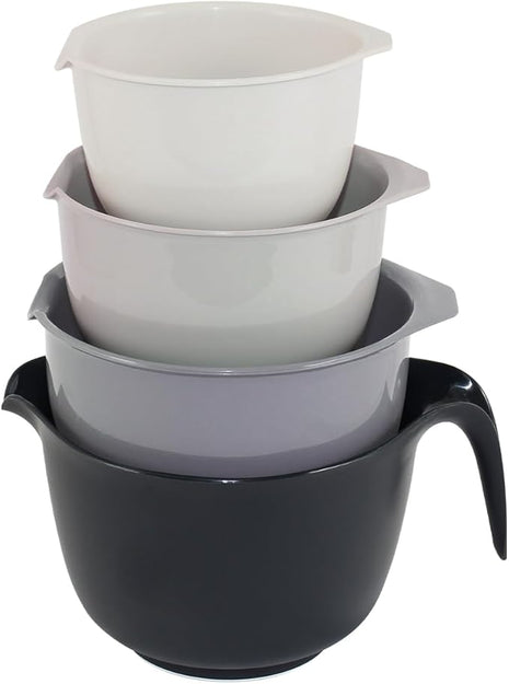 Glad Mixing Bowls with Pour Spout, Set of 4 - Nesting Plastic Bowls (1.2qt, 1.9qt, 2.8qt, and 3qt with Handle) - Non Slip Base, Dishwasher Safe Kitchen Cooking and Baking Supplies, Grey