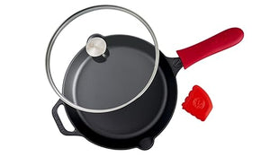 Victoria 12-Inch Cast Iron Skillet Set with Tempered Glass Lid, Large Handle Cover, and Pan Scraper