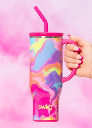 Swiglife 30oz Mega Mug, 30oz Tumbler with Handle and Straw, Large Insulated Tumblers, Cup Holder Friendly Travel Mug, Stainless Steel 30 oz Tumbler, Reusable Insulated Water Bottle (Candy Crush)