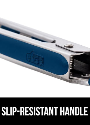 GORILLA GRIP Stainless Steel Heat Resistant Kitchen Tongs for Cooking, Set of 2 BBQ Tong, Non Scratch Silicone Tip for Pans, Strong Grip, Grab Food, Toss Salad, Air Fryer, Pull Lock, 7 + 9 Inch, Blue