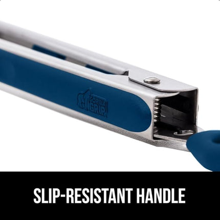 GORILLA GRIP Stainless Steel Heat Resistant Kitchen Tongs for Cooking, Set of 2 BBQ Tong, Non Scratch Silicone Tip for Pans, Strong Grip, Grab Food, Toss Salad, Air Fryer, Pull Lock, 7 + 9 Inch, Blue
