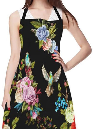 EKOBLA Flower Aprons Wild Flowers Peony Roses Lily Nightingale Cornflower Black Background Waterproof Resistant Chef Cooking Kitchen BBQ Adjustable Aprons for Women Men 27x31 Inch