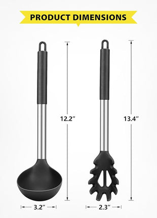 Silicone Pasta Fork and Soup Ladle Set, Non-Stick BPA Free Heat-Resistant Handy Kitchen Utensils for Cooking, Serving, Draining, Stirring (Black)