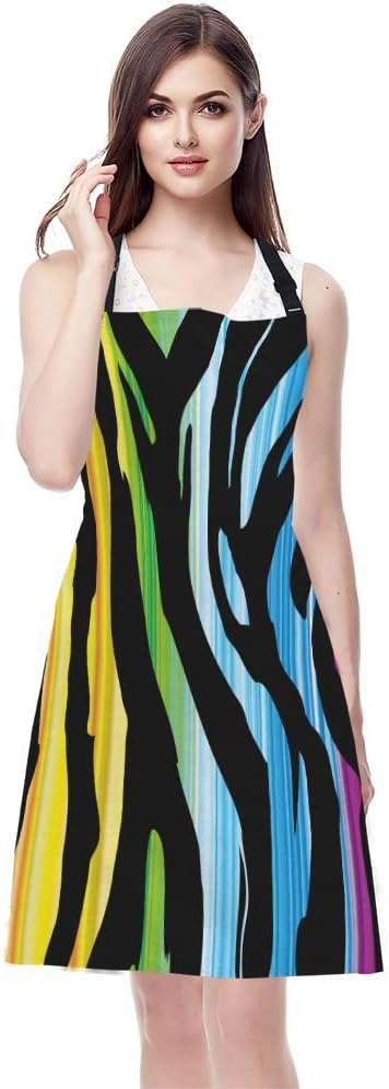 EKOBLA Zebra Aprons Colorful Animal Pattern Abstract Art Curve Drawing Stripes Fashion Waterproof Resistant Chef Cooking Kitchen BBQ Adjustable Aprons for Women Men 27x31 Inch