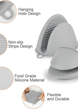 AUAUY 1 Pair Mini Silicone Oven Mitts, Heat Resistant Pot Holders Mitts, Cute Oven Pinch Grip Gloves, Small Potholders for Kitchen, Air Fryer Mitts Pair for Cooking, Baking and Grilling (Light Gray)