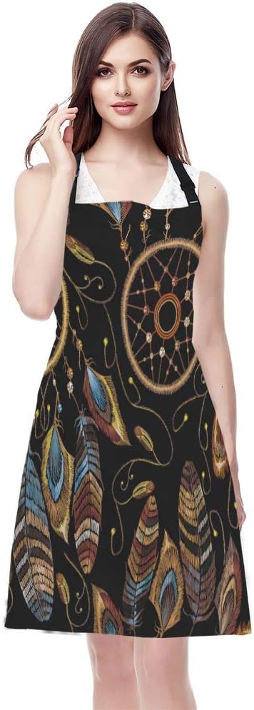 EKOBLA Dream Catcher Aprons American Indian Ethnic Style Magic Tribal Feathers Waterproof Resistant Chef Cooking Kitchen BBQ Adjustable Aprons for Women Men 27x31 Inch