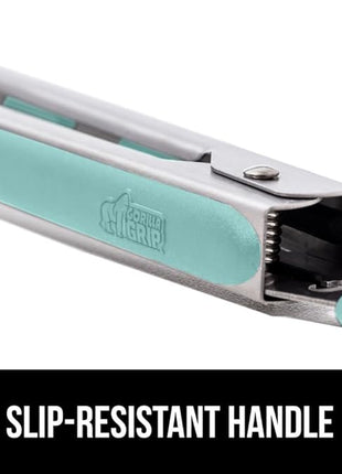 GORILLA GRIP Stainless Steel Heat Resistant Kitchen Tongs for Cooking, Set of 2 BBQ Tong, Non Scratch Silicone Tip for Pans, Strong Grip, Grab Food, Toss Salad, Air Fryer, Pull Lock, 7 + 9 Inch, Mint