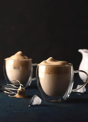 LIBWYS 4 Pack 250ml Double Walled Glass Coffee Mugs with 4 Spoons, Cappuccino Latte Tea Cups with Handle, Heat Resistant Drinking Glasses