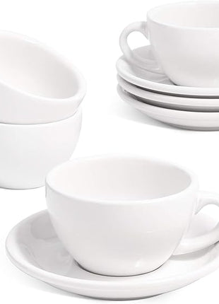 LE TAUCI 6 oz Cappuccino Cups with Saucers, Ceramic Coffee Cup for Au Lait, Double shot, Latte, Cafe Mocha, Tea - Set of 4, White